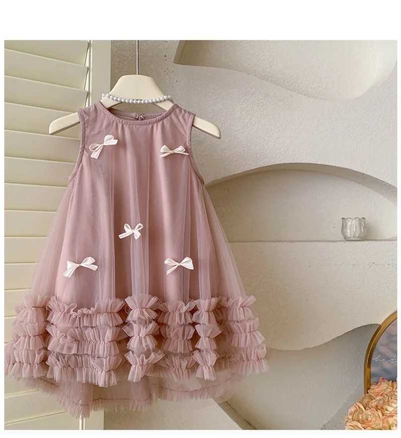 Girls Princess Dresses Kids Sleeveless Stereoscopic Bow Mesh Dress Children Clothes Party Gown Ball 2-10 Years H260402