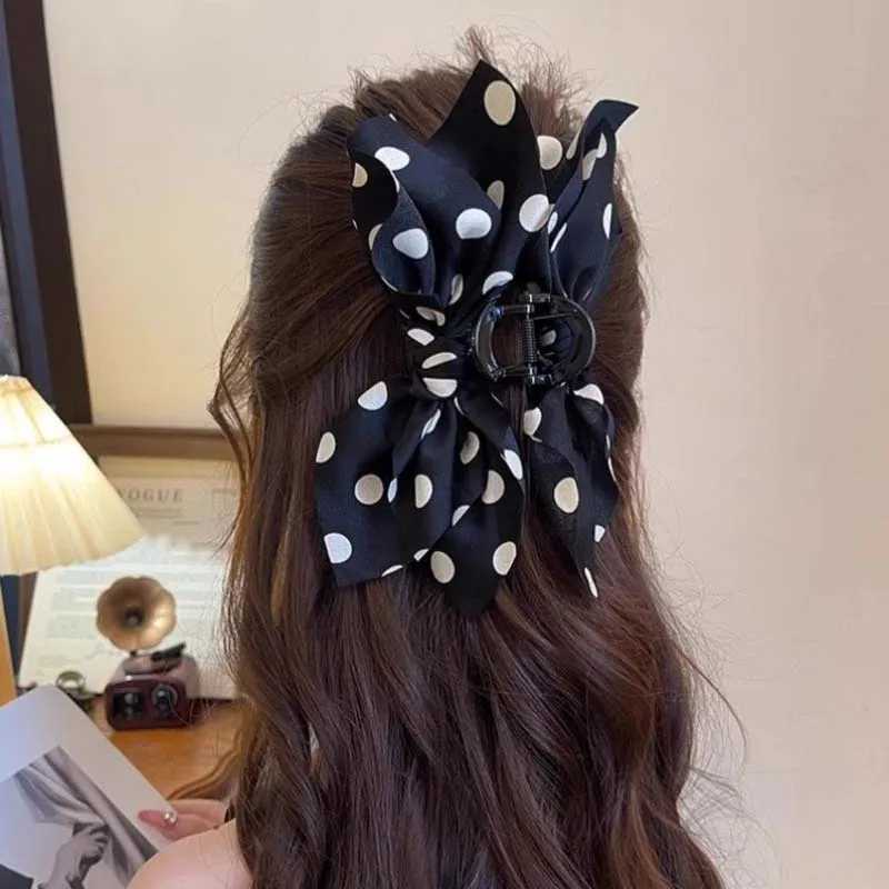 Vintage Black Polka Dot Bow Hair Claw Crabs For Women Elegant Large Shark Cip Ponytail Braid Hair Claw Hair Accessories H260402
