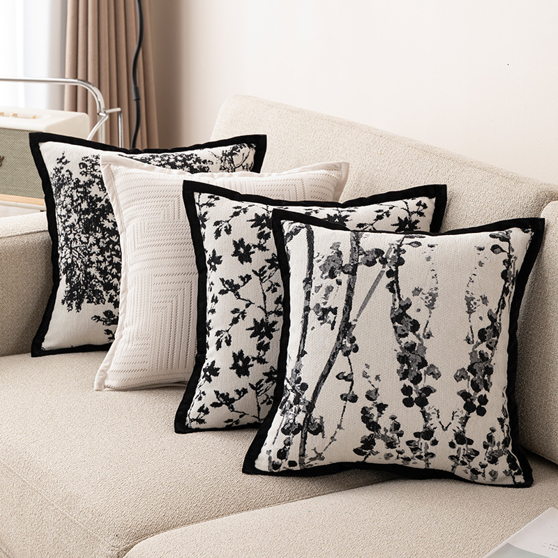 Pillowcase Light Luxury Black And White Chenille Sofa Pillowcase Living Room Headboard Bed Backrest Cushion Camellia Style