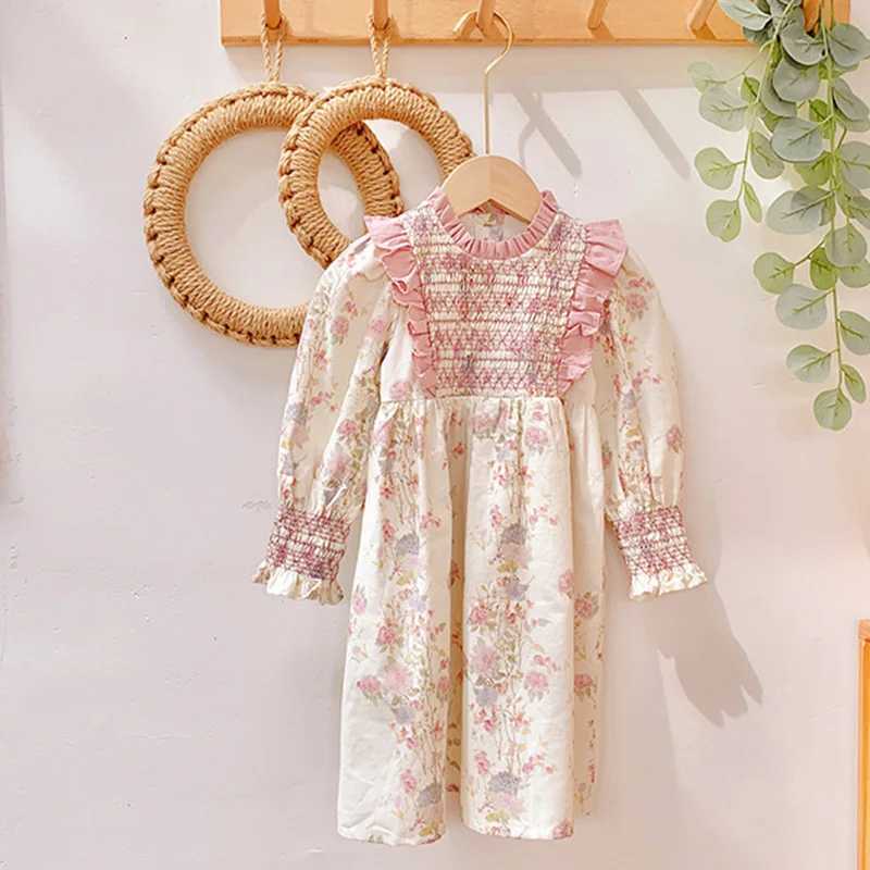 2024 New Spring European American Style 2-7Yrs Baby Girl Party Dress Long Sleeved Cotton Floral Printing Kids Princess Dresses H260402
