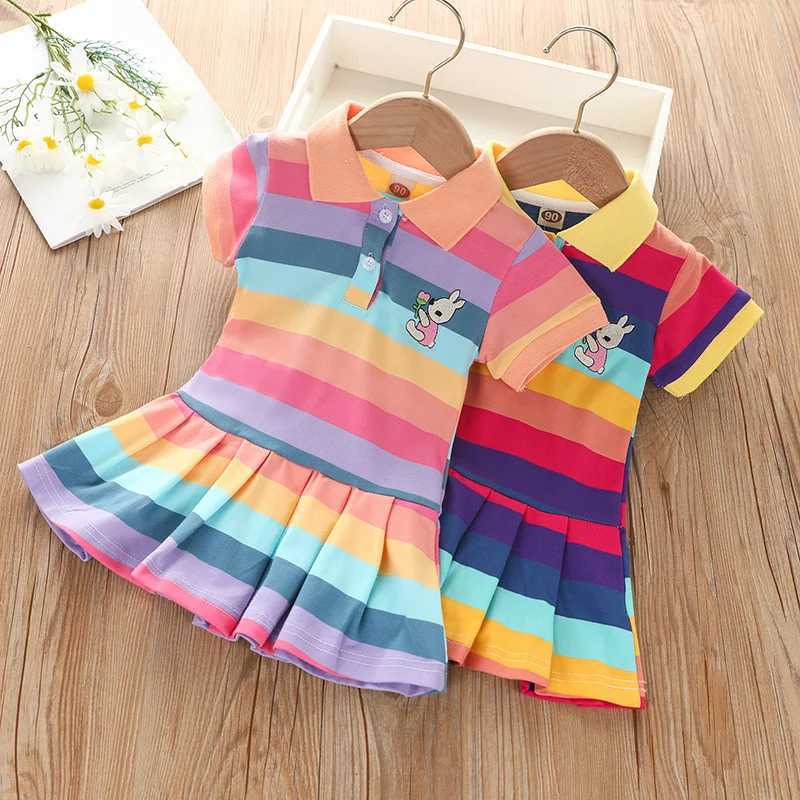 Girls Summer fashion cute short sleeve cartoon rabbit embroidered rainbow strip baby girl princess dress H260402