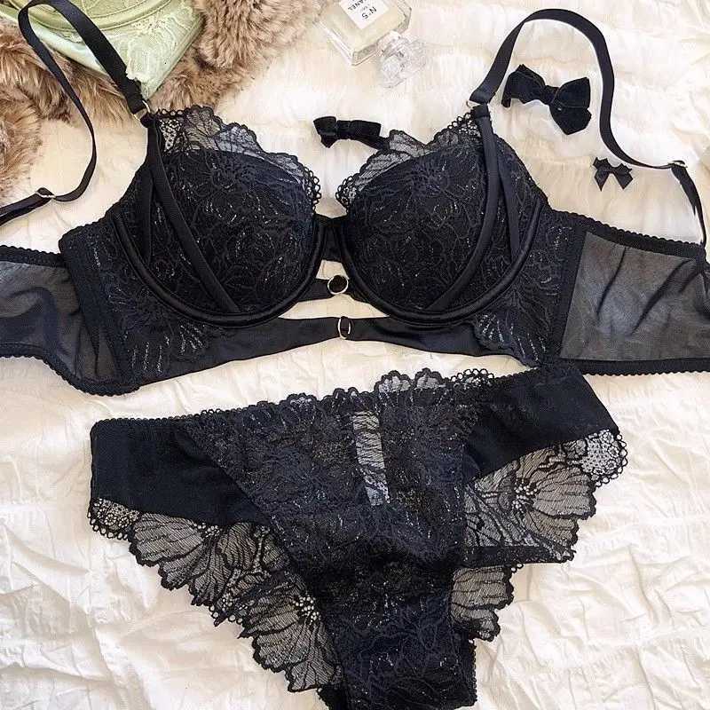 Hollow Lace Bra Set Large Breasts Gathered Comfortable Soft Steel Ring Top Support Anti-Sagging Breathable Thin Bra Set Z260402
