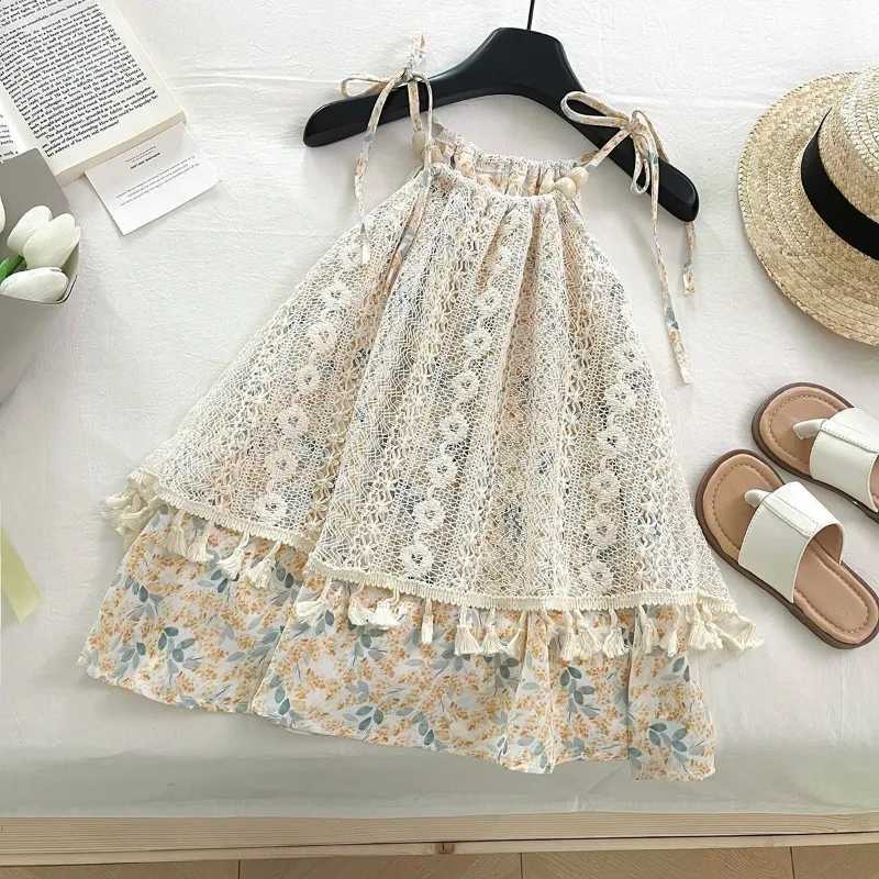 2-12Y Baby Girls Dress New 2025 Summer Fashion Korean Girls Sweet Floral Suspenders Skirt Babys Girl Cute Childrens Lace Dress H260402