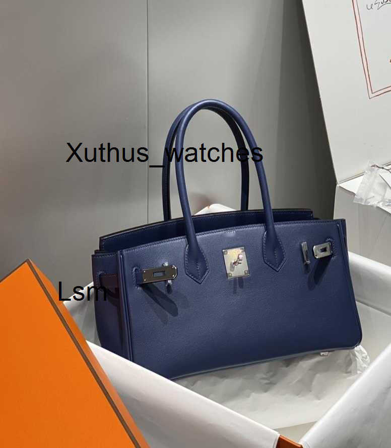 Designer bag Handmade Womens Shoulder 29cm swift Leather Handbag Shoulder 29cm bags deep blue Sliver buckle Hand Sewing Single Crossbody MeiHMS7