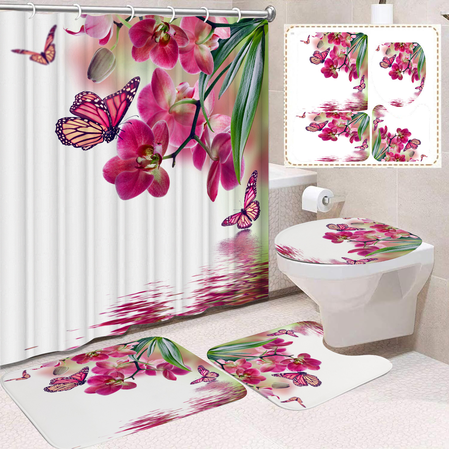 YL-38433 Home Decor Pink Butterfly and Flower Waterproof Shower Curtain Set (Four Pieces) Factory