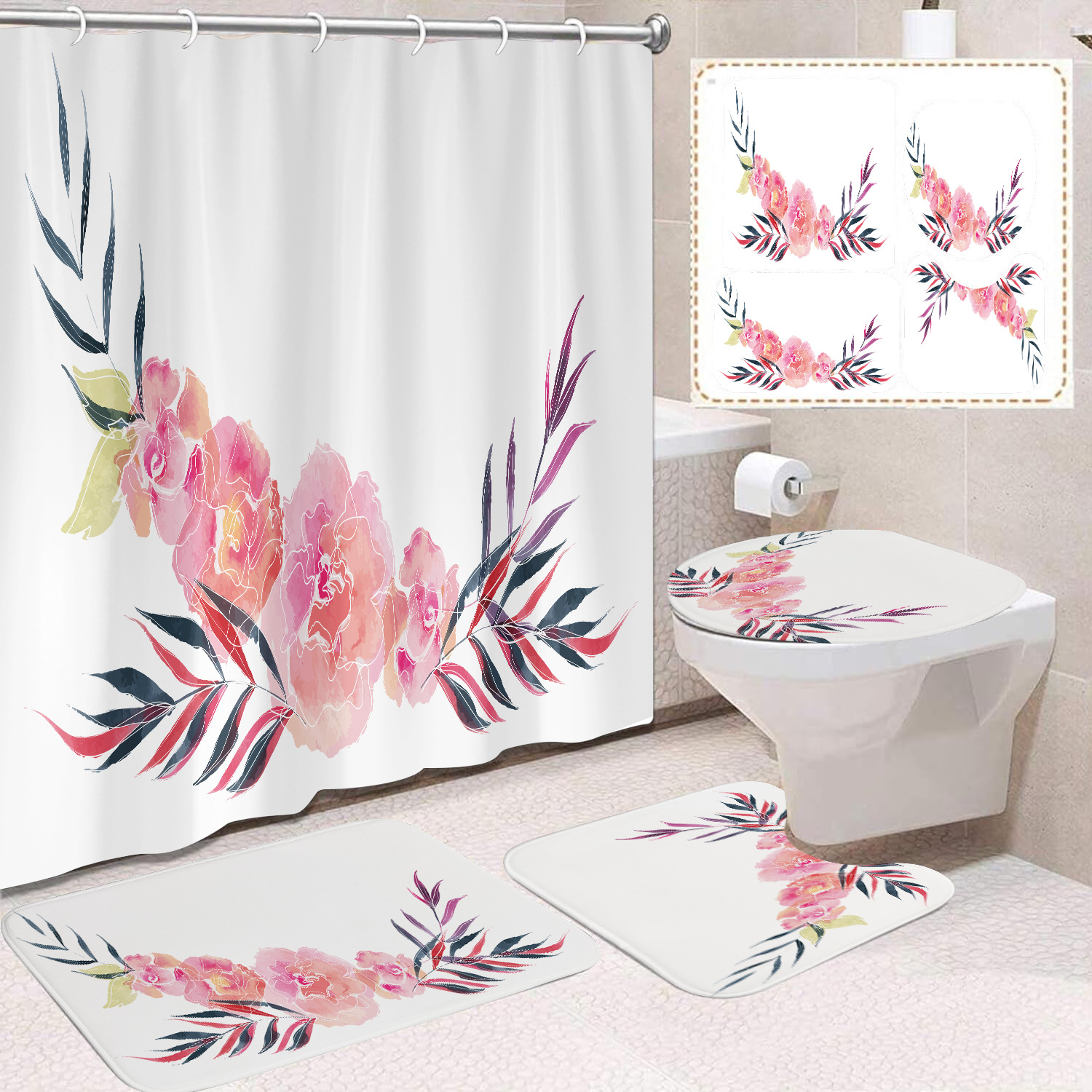YL-38429 Floral Shower Curtain and Mat Set (4 Pieces) - Bathroom Dry and Wet Separation, Toilet Isolation Curtain, Modern Minimalist Style