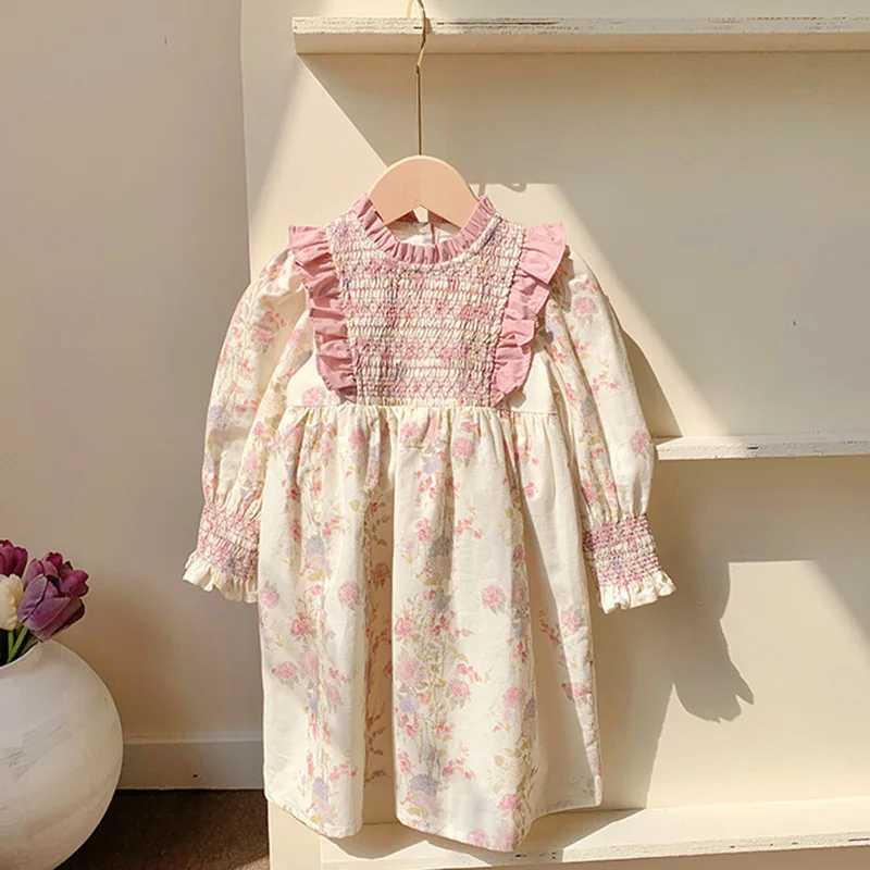 2024 New Spring European American Style 2-7Yrs Baby Girl Party Dress Long Sleeved Cotton Floral Printing Kids Princess Dresses H260402