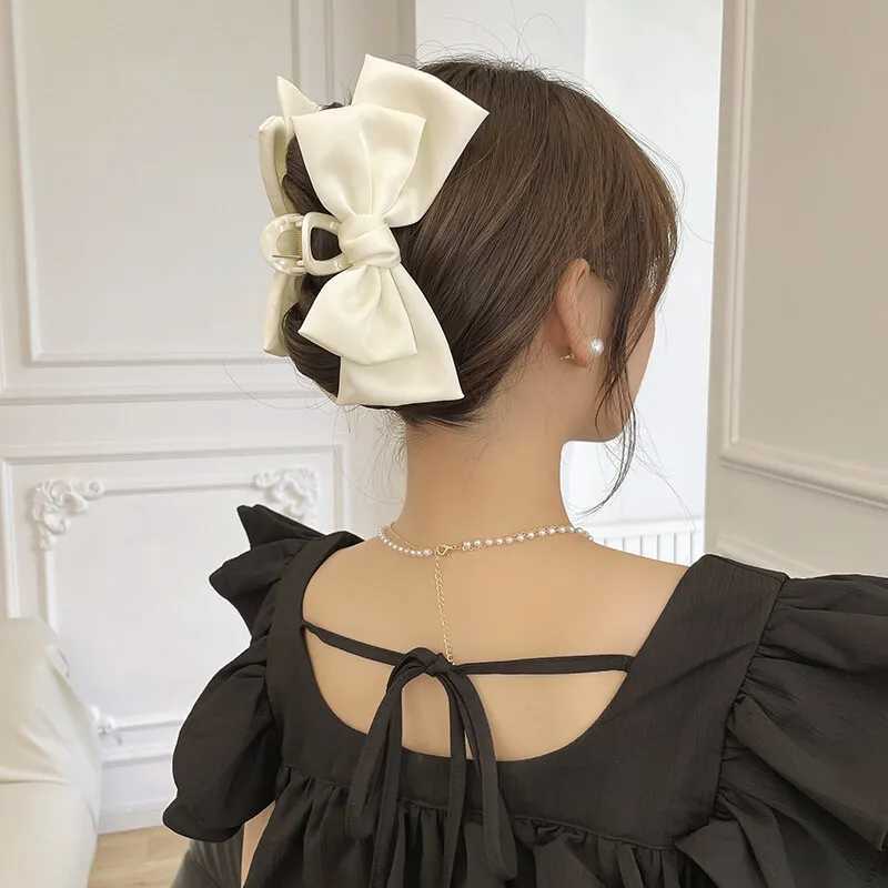 Cream Large Bow Hair Clip Claw for Women Korean Style elegant shark clip Fashion Girls Hair Clamp H260402