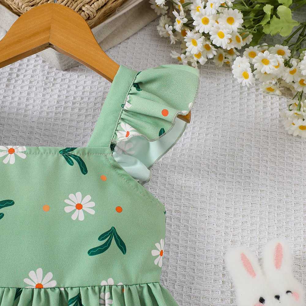 Girls summer style small fly sleeve plant print dress H260402