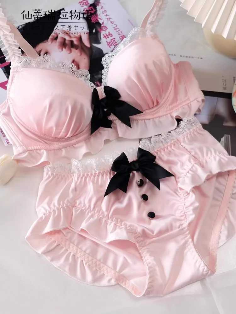 YUQI Kawaii Japanese Lolita Lingerie Set - Cute Bow Bra Cover Panties for Small Chest Pure Teen Girl Charm XS-S Cup Bra Z260402