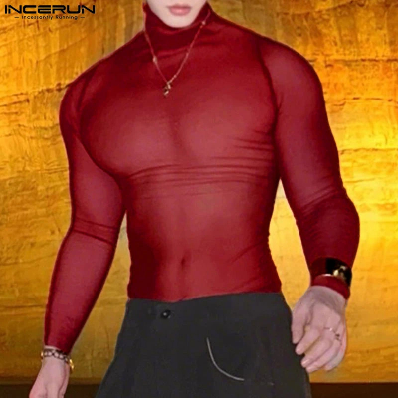 INCERUN Men T Shirt Mesh Long Sleeve See Through Turtleneck Male Tee Tops Sexy Streetwear Fashion Casual Men Clothing Solid 260402