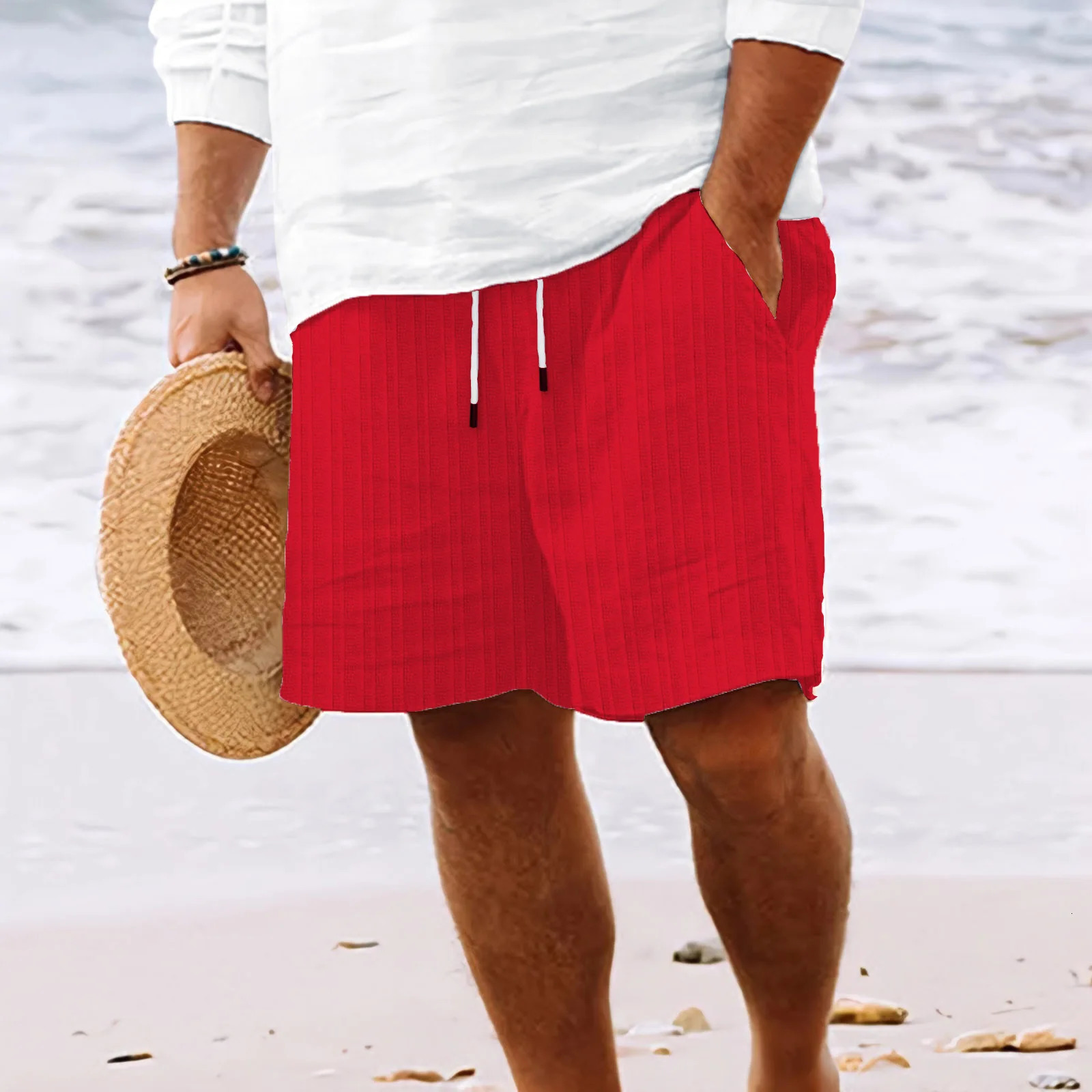 Cotton Linen Shorts Multi-bag Style Tethered Mens Striped Beach Pants 260401