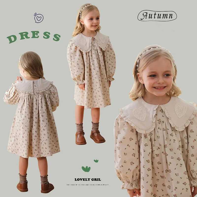 2025 New Spring 2-7Yrs Girl Party Dress Long Sleeved Cotton Flower Print Kids Princess Dresses Children Clothes Sister Dress H260402