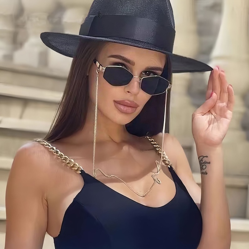 Sexy Small Frame Hexagon Sunglasses Women With Chain Luxury Brand Designer Punk Sun Glasses For Ladies Y2K UV400 Shades Gafas De Sol CB Fashion Access