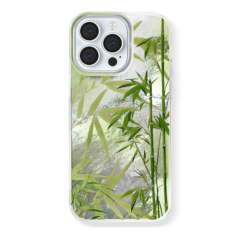 Designer Luxury Bamboo Phone Case Premium Green Shimmery Foil Bamboo Pattern Clear Protective Cover Exquisite High-end Case For Applicable To Iphone