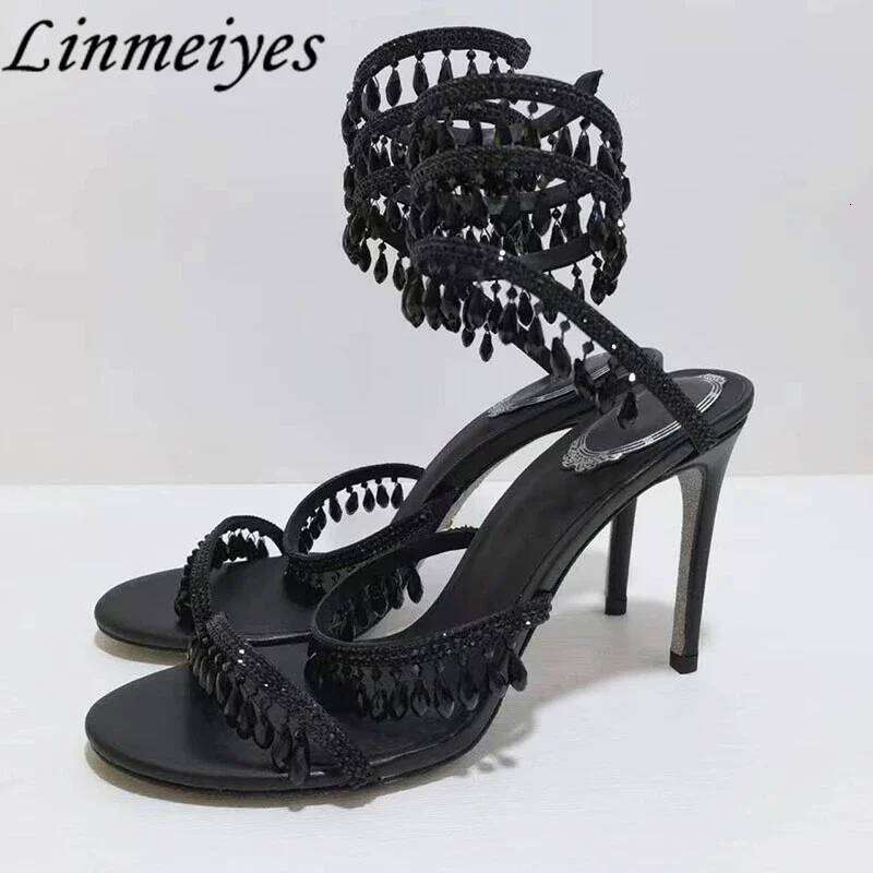 Summer High Heels Women Rhinestone String Bead Ankle Snake Twine Around Wedding Shoes Lady Gladiator Sandals Woman