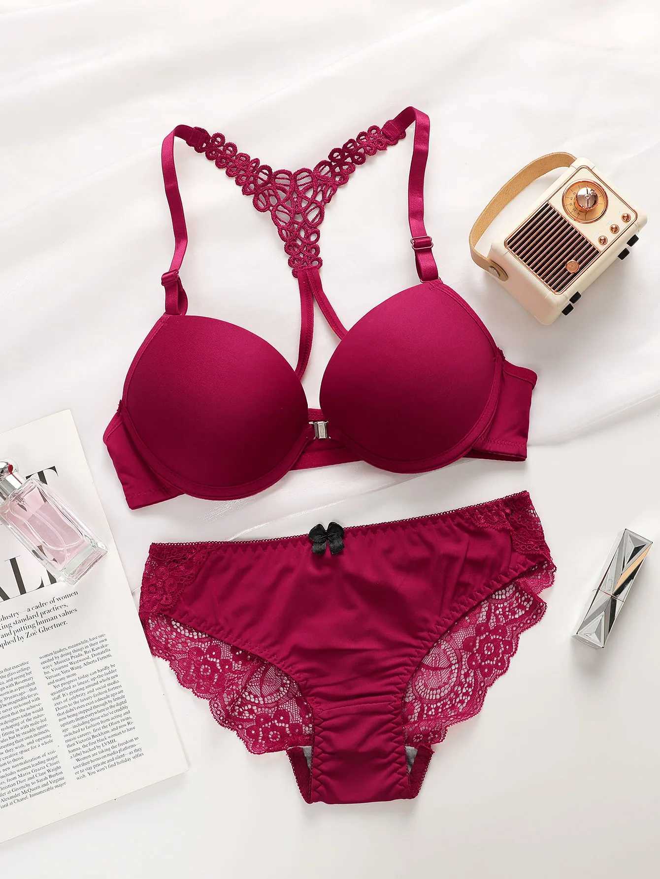 Ladies black red blue with steel rims front buckle beautiful back pull up bra underwear set A2128 Z260402