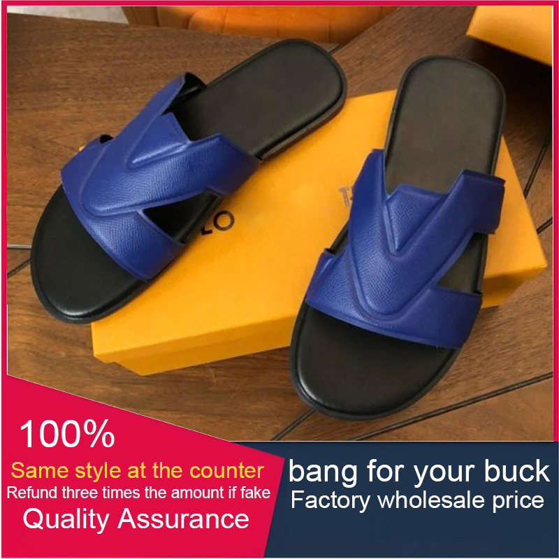 100% genuine leather designer counter same styleMen Oasis Mule Flats Grained Taiga Leather Sandals Shoes Slip On Beach Slippers Daily Wear Man Casual Walking EU38-46