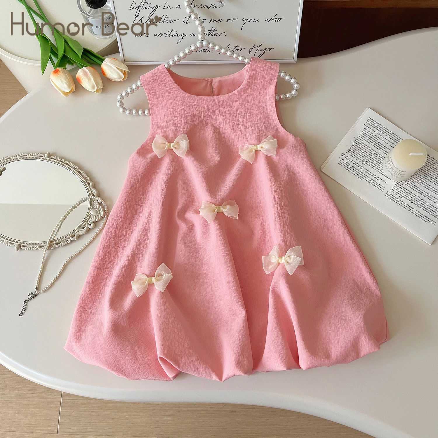 Humor Bear Summer New Sweet Girls Bow Decorative Sleeveless Vest Fluffy Pod Dress Childrens Clothing H260402