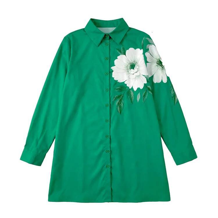UOOZEE 2026 New Spring Floral Print Long Sleeve Green Shirts Loose Button Down Tunic Tops Elegant Party Lapel Blouses For Ladies ddmysept