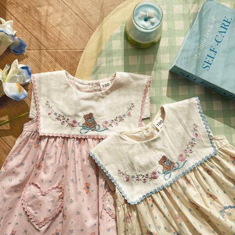 Embroidered Little Bear Navy Collar Girls Dress 2026 Summer New Floral Tank Top Skirt Korean Version Childrens Princess Skirt H260402