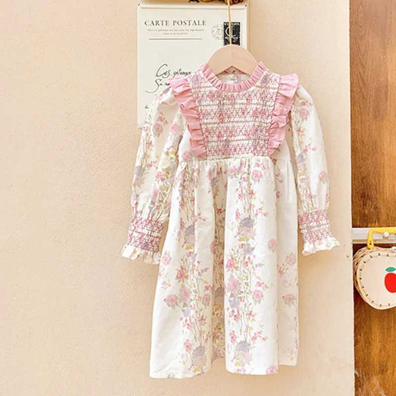 2024 New Spring European American Style 2-7Yrs Baby Girl Party Dress Long Sleeved Cotton Floral Printing Kids Princess Dresses H260402