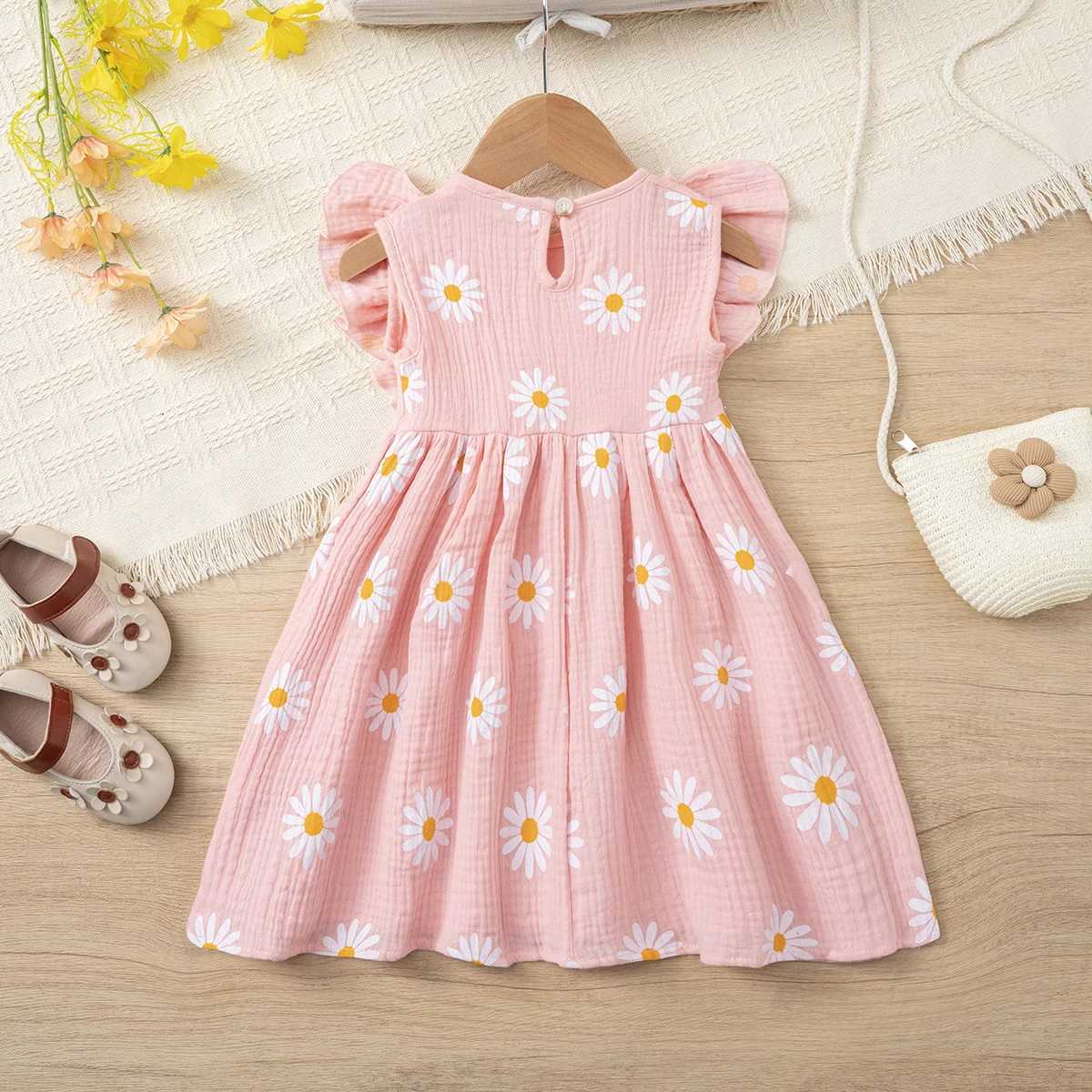 Girls summer daisy print dress cotton muslin sweet bowknot dress ruffle sleeve breathable lightweight dress H260402