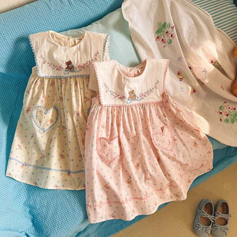 Embroidered Little Bear Navy Collar Girls Dress 2026 Summer New Floral Tank Top Skirt Korean Version Childrens Princess Skirt H260402