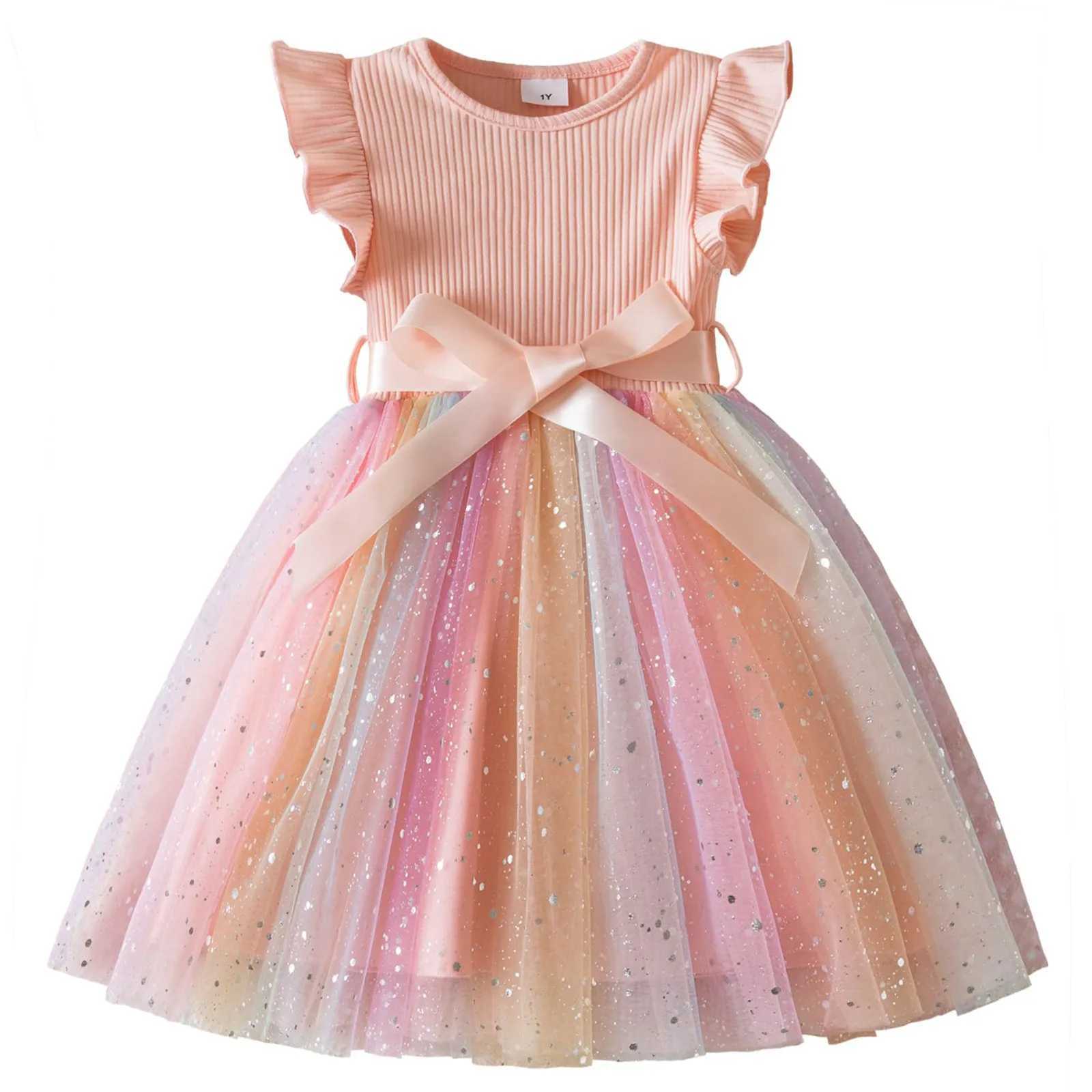 New Girls Dress for Sequins Birthday 1-5Y Toddler Girls Rainbow Tulle Dress Sweet Kids Princess Dress for Girls 2025 Summer Wear H260402