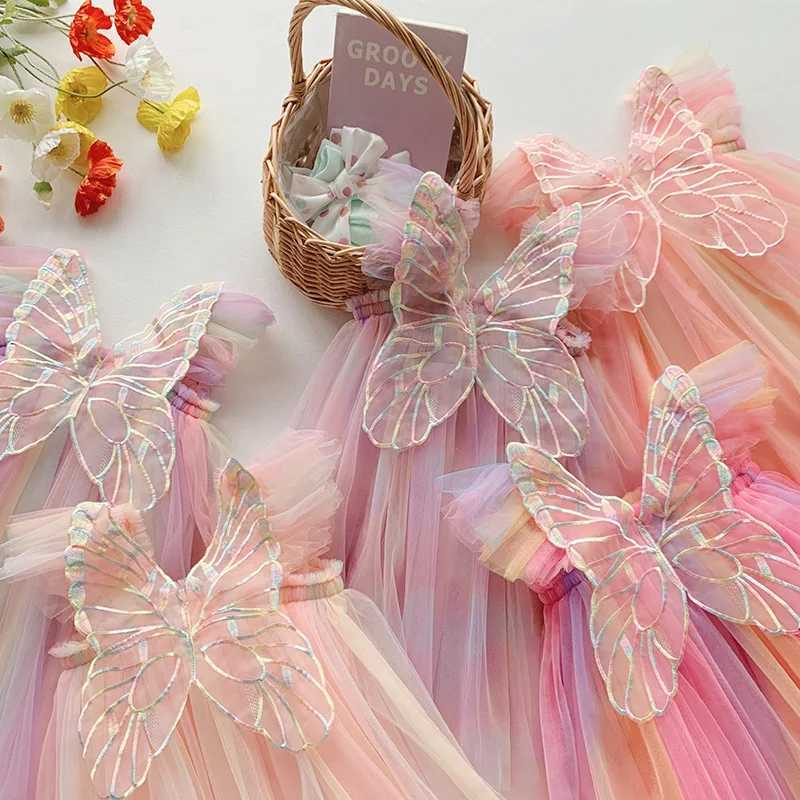 Summer Girls Sweet Flying Sleeves Rainbow Stereoscopic Wings Mesh Girl Dresses Cute Baby Dress Princess Clothes H260402