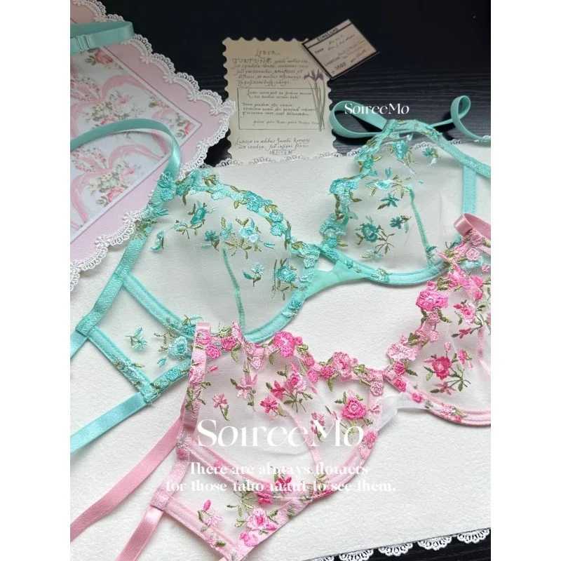 Kawaii Japanese Lingerie Set Sheer Tulle Pink Floral Embroidery Bra Bralette Pure Matching Set BANERDANNI Tushy Bras Z260402