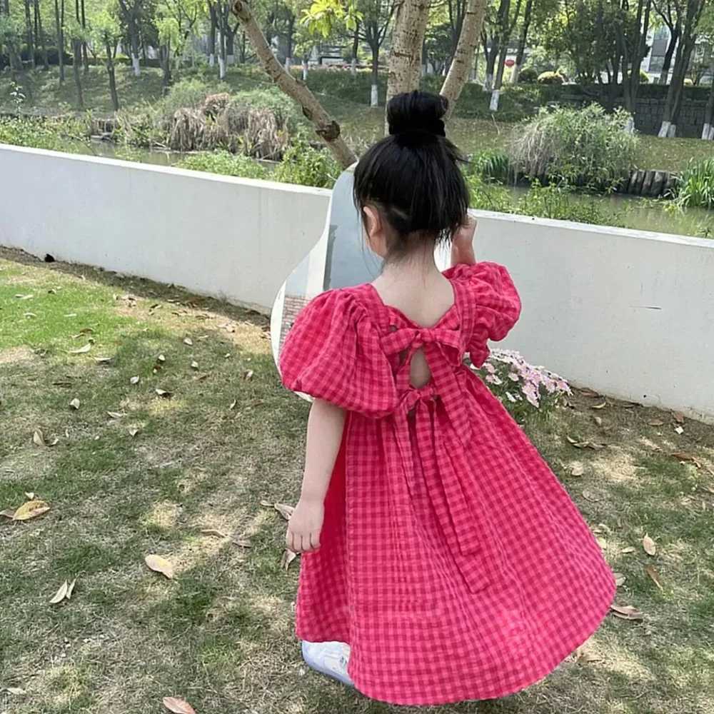Bear Leader Rose Pink Plaid Bow Dress Elegant Lolita Child Big Girls Midi Dress Children Dresses Teens Party Princess Sundress H260402