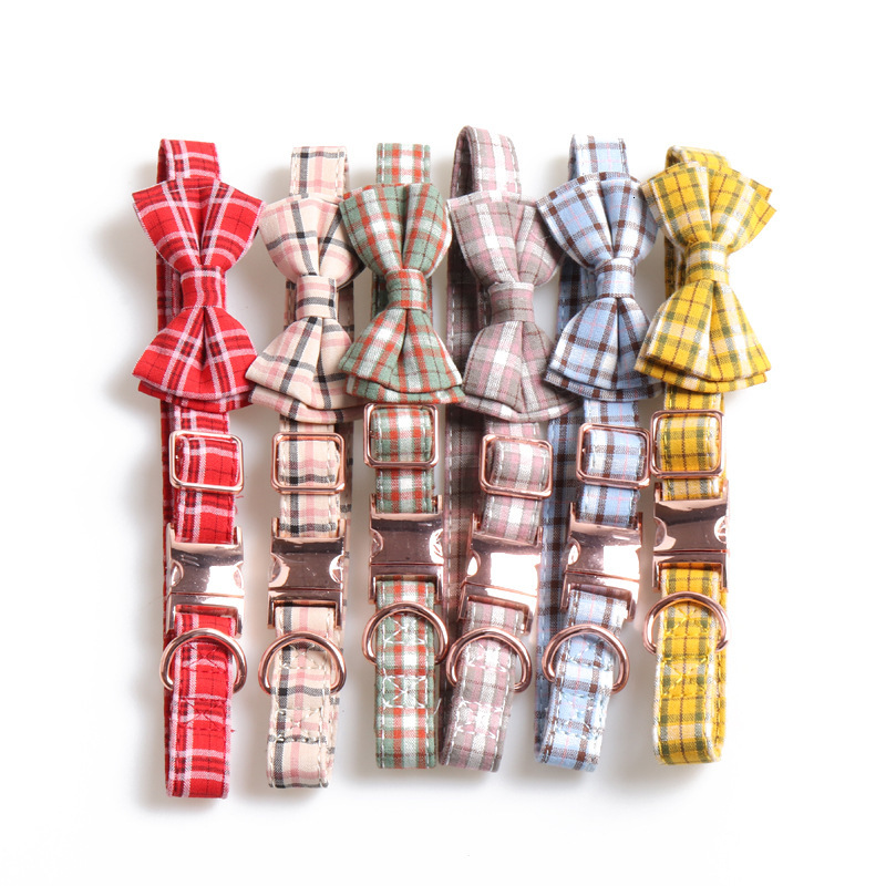 Pet Collar Rose Gold All Metal Buckle Plaid Bow Design Adjustable For Dog Cat Comfortable Pet Neckband