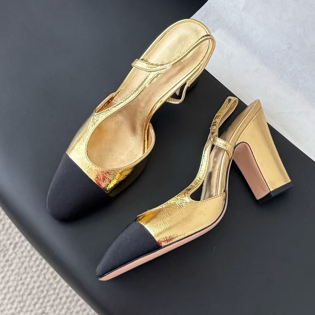 Genuine Leather Slingback thick Sandals Dress shoes 9cm chunky block Heels Round toe Women's luxury designers wedding Evening shoes factory footwea Size 35-42box