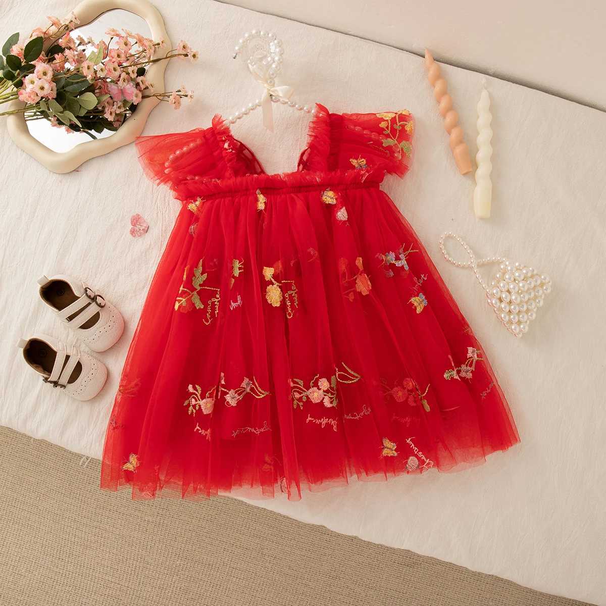 Summer New Floral Embroidery Chiffon Baby Girl Princess Dress Cute Butterfly Wing ChildrenS Clothing 9 Months - 4 Years Old H260402