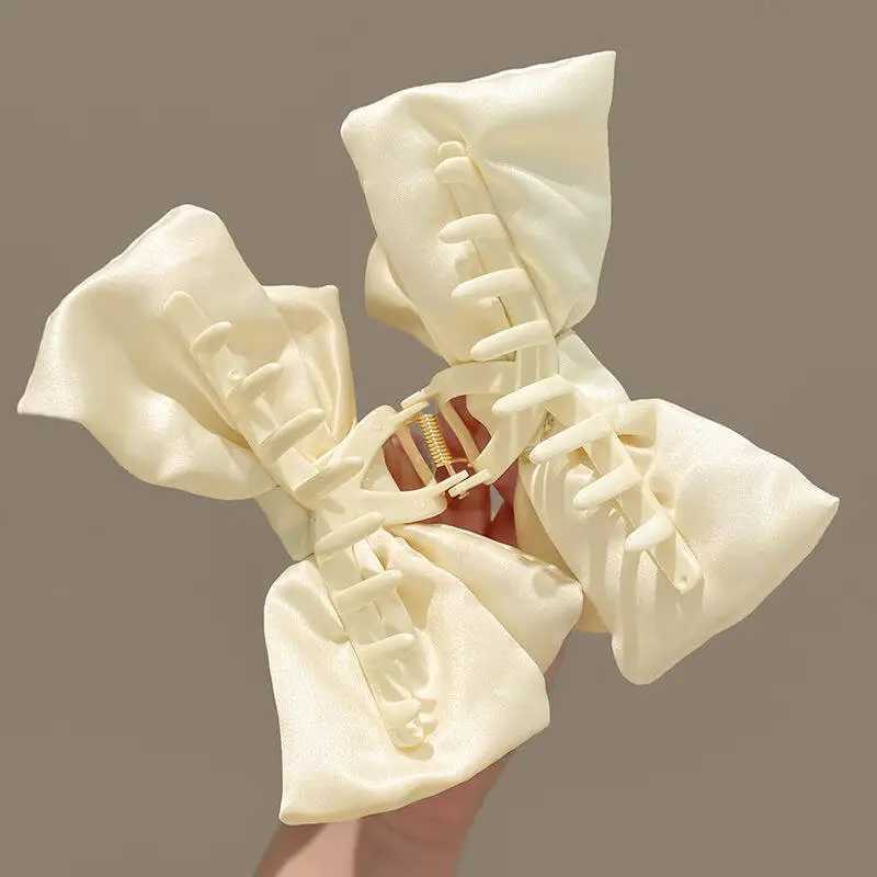 Cream Large Bow Hair Clip Claw for Women Korean Style elegant shark clip Fashion Girls Hair Clamp H260402
