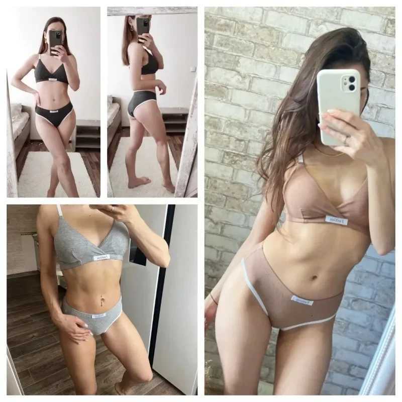 Women Cotton Bra Set Briefs Low Waist Panties Wire Free Bralette Sport Lingerie Vneck Brassiere Female Underwear Set Z260402