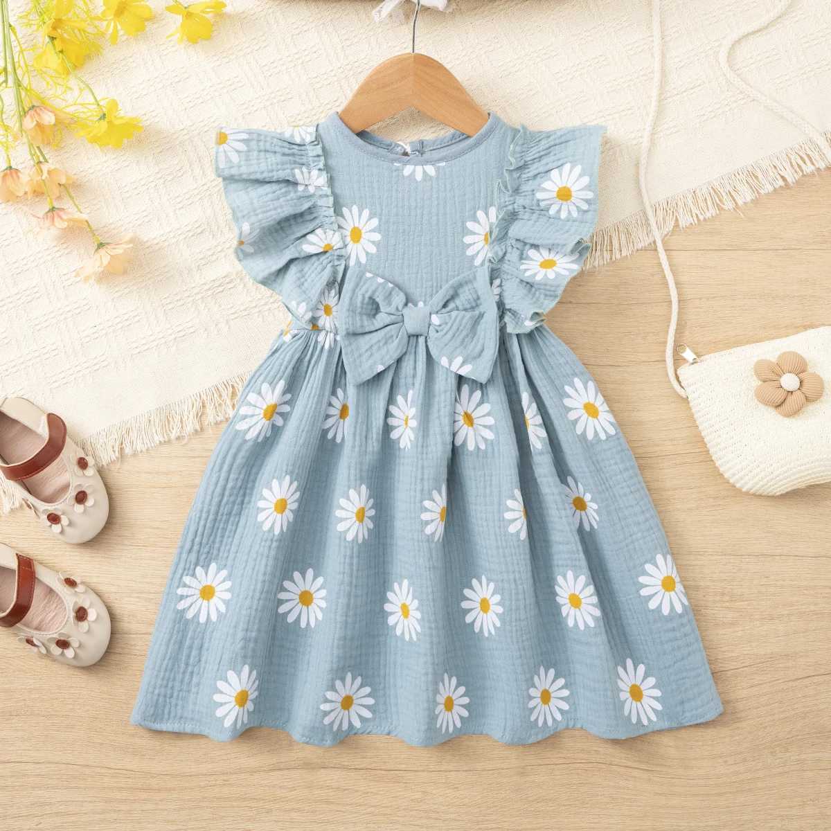 Girls summer daisy print dress cotton muslin sweet bowknot dress ruffle sleeve breathable lightweight dress H260402