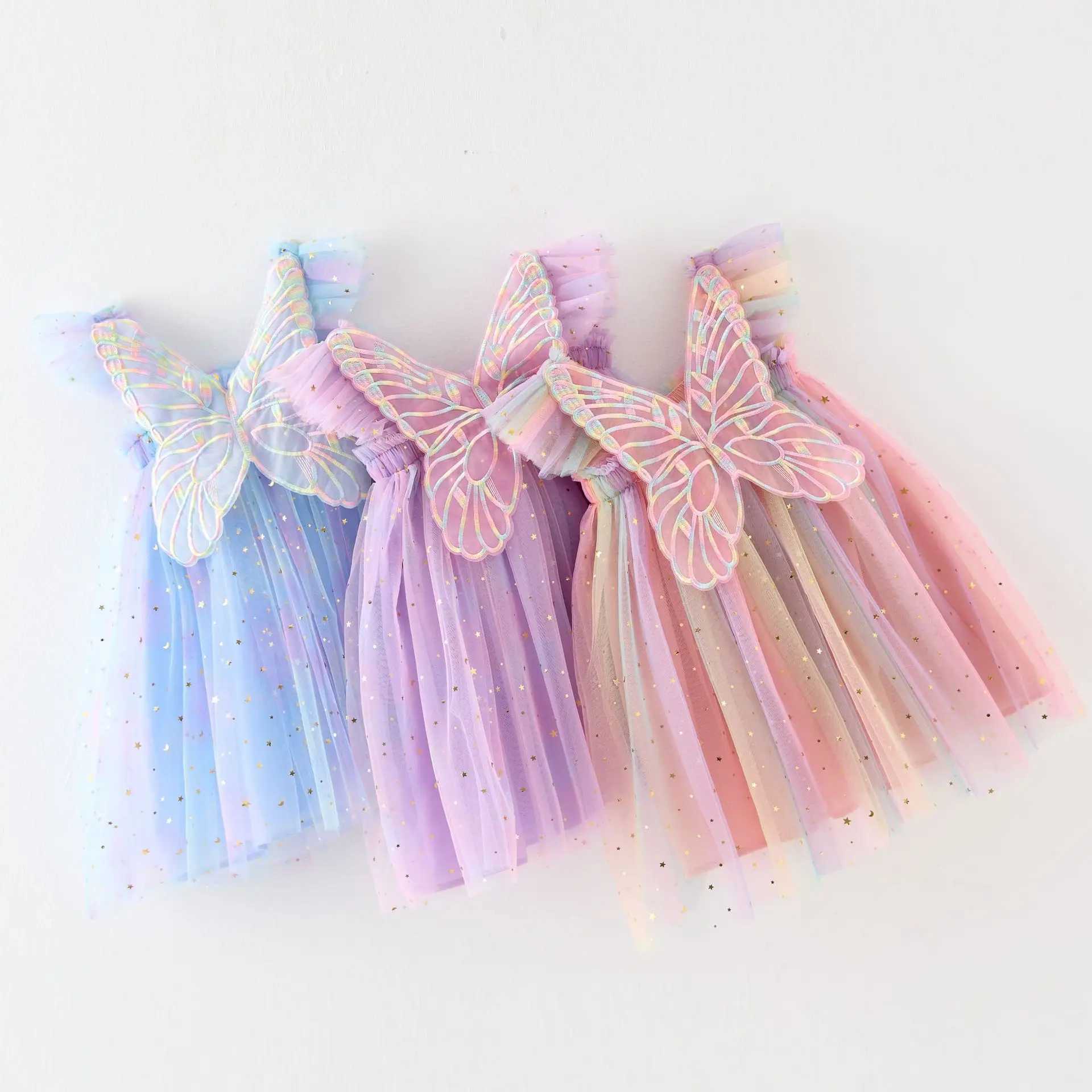 Flying Sleeves Kids Sequin Star Suspender Dresses for Girls Princess Wings Rainbow Mesh Puff Dress Baby Photo Shoot Dress H260402