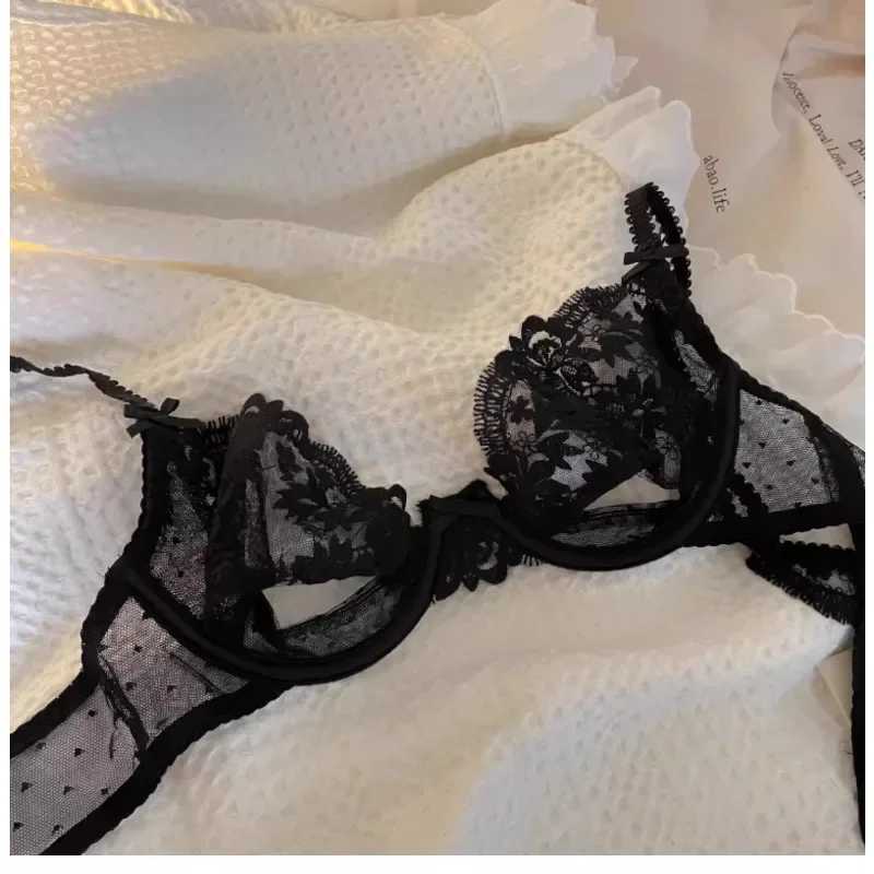 French Lace Bra Panty Set w/Steel Rings Ultra-Thin Push-Up Bralette Small Bust Sheer White Lingerie Pure Seductive Style Z260402