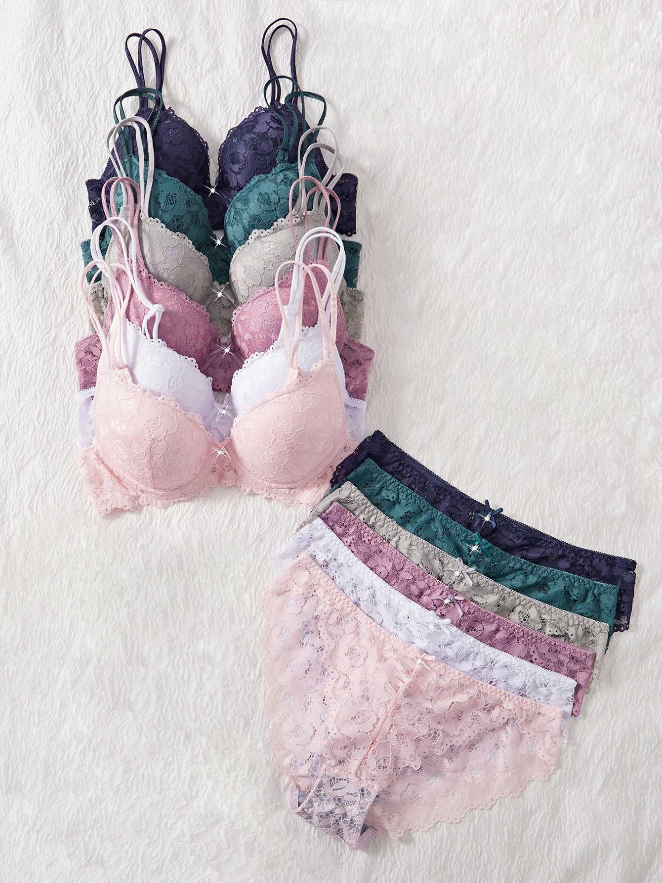 6-Piece Set Womens Bra and Panties Set Patterned Lace Patchwork No Lining Comfortable Fitting Womens Push up Bra Womens Underwear Set Z260402