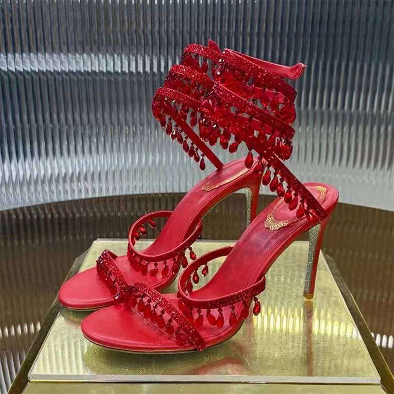 Summer High Heels Women Rhinestone String Bead Ankle Snake Twine Around Wedding Shoes Lady Gladiator Sandals Woman