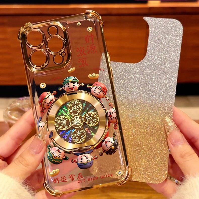 Designer Luxury 360 Rotating Fidget Spinner Phone Case Premium Gold Glitter Lucky God Pattern Shockproof Cover With Stand High-end Case For Applicable