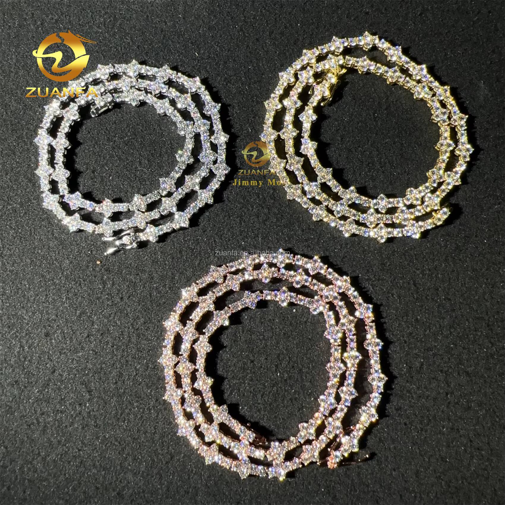 Bulk Stock Claw Setting 3mm 4mm 925 Solid Silver Hip Hop Jewelry D VVS Moissanite Diamond Cross Cluster Tennis Chain
