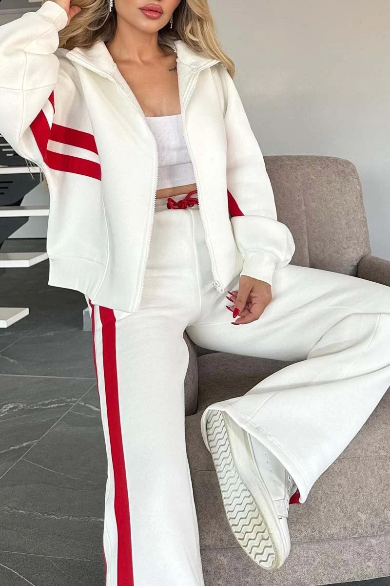Women's Set Striped Side Full Sleeve Zipper Fly Jacket and Wide Leg Sweatpants 2026 Two 2 Piece Set Outfit Tracksuits Casual Set