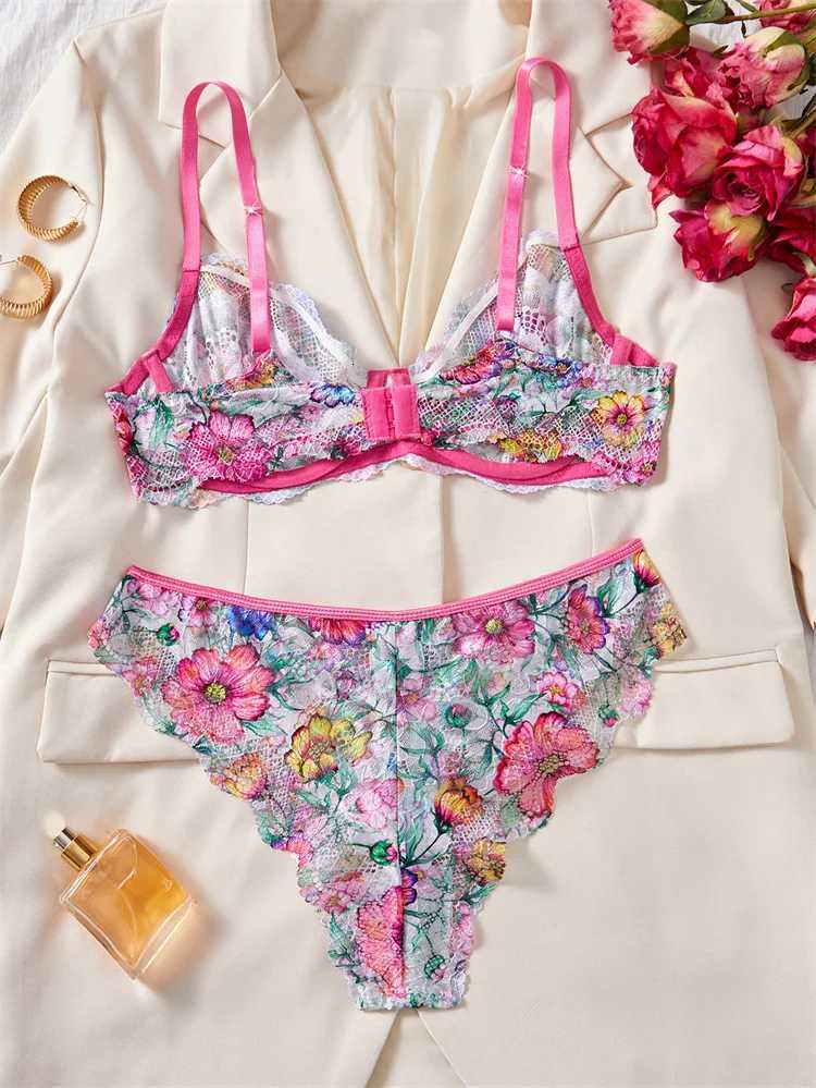Female Lingerie Sweet Print Mesh Underwear Beautiful Floral Bra Panty Set Summer Intimate Lingerie Ultra Bralette Set Z260402
