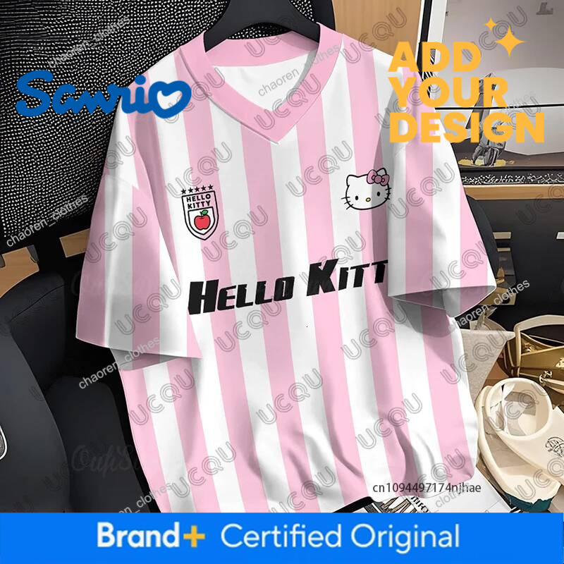 Designer 2026 Summer New Pink Hellokitty Stripe Print Children T-Shirt V-Neck Short Sleeve Sports Football Jersey Casual Kids/Adult Tops Luxury Goods