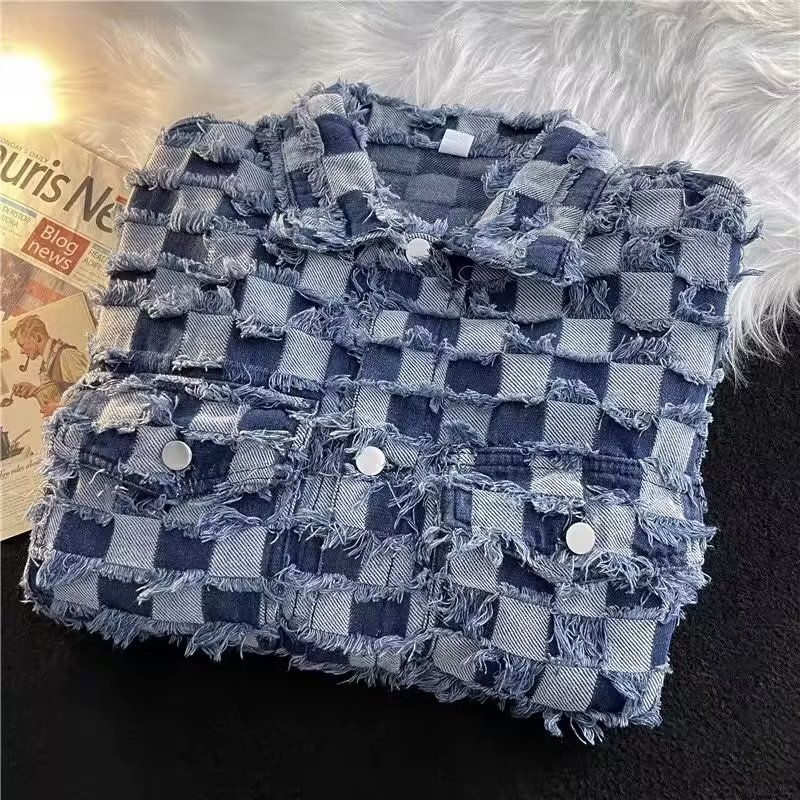 Luxury Brand Designer Clothes Checkered Denim Jacket For Men And Women, Spring And Autumn, American High Street Style, Trendy Vintage Design, Loose Fi