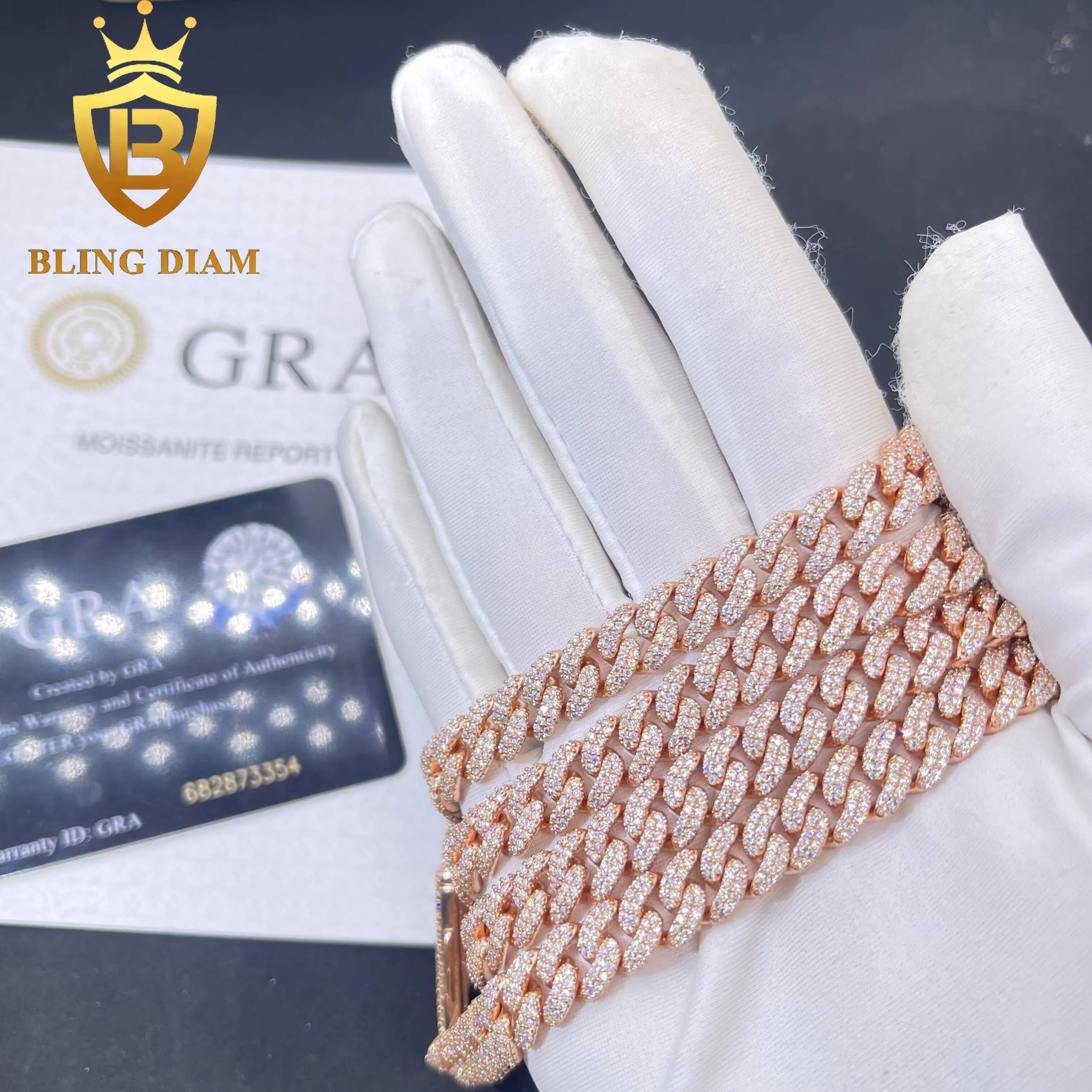 8mm Iced Out Hip Hop Miami Rose Gold Cuban Link Chain Moissanite 925 Sterling Silver Necklace Bracelet Set for Men