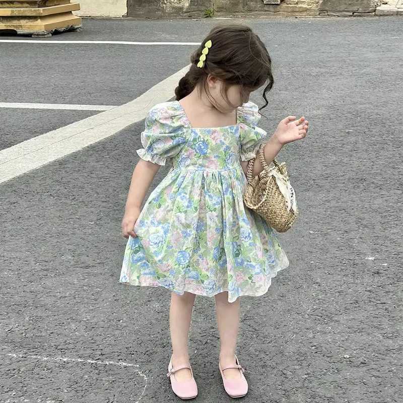 Girls Summer Floral Backless Dress Puff Sleeve Square Neck Princess Dress Korean Style Kids Fashion H260402